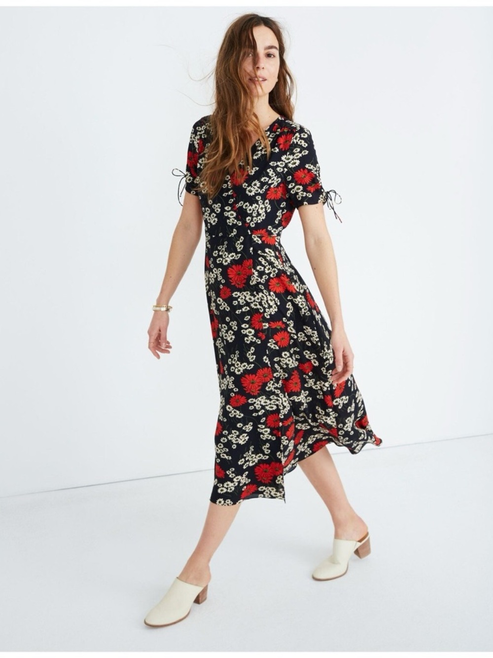 Madewell Peekaboo-Sleeve Midi Dress in Hillside Daisies Sz 6 Great condition